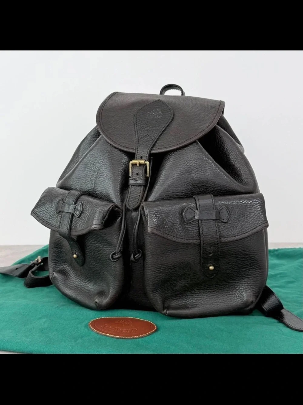 Mulberry Black Pebbled Leather Drawstring Backpack with Flap and Front Pockets